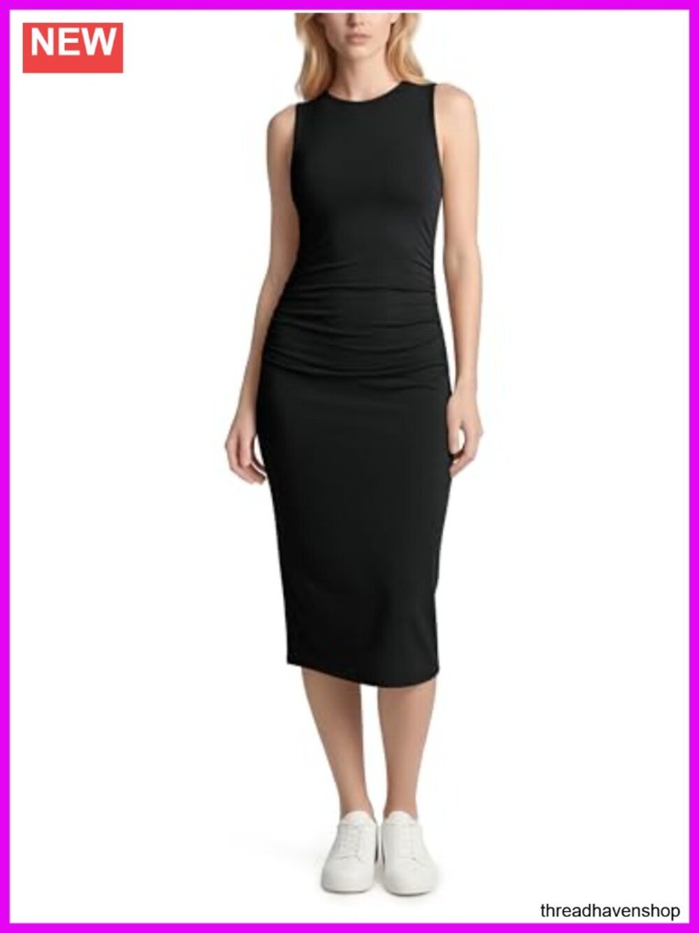 Side Shirred Midi Tank Bodycon Dress Crewneck Sleeveless Soft Stretch